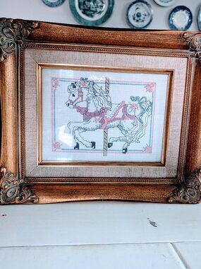 VTG Golden Bee Counted Cross Stitch Carousel Horse #60354 Framed 10x12 Nursery